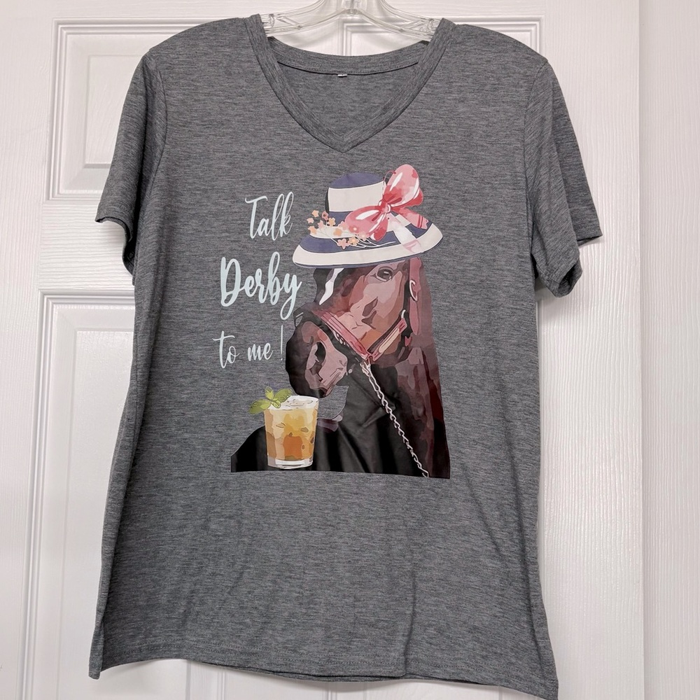 Talk Derby To Me Horse Racing Equestrian Heather Gray Graphic T-shirt Top Sz L